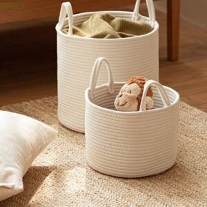 solid white cotton rope laundry basket for storage and organization