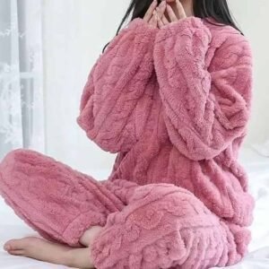 velvet ribbed fleece two-piece lounge set for women with pullover and elastic waist pants