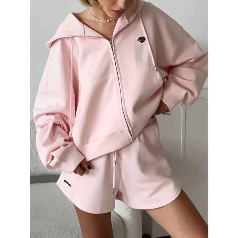 women’s oversize cotton pink two-piece casual tracksuit set with top and shorts