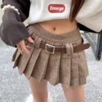 woolen pleated houndstooth mini skirt for women with belt