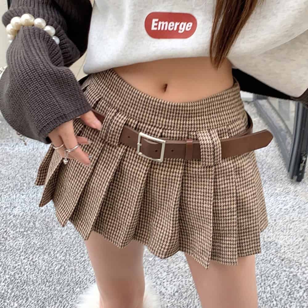 woolen pleated houndstooth mini skirt for women with belt