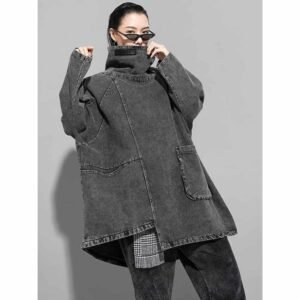 plus size black loose fit denim sweatshirt for women with high collar and long sleeves