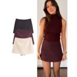 vintage high waist skort for women with built‑in shorts and side zipper