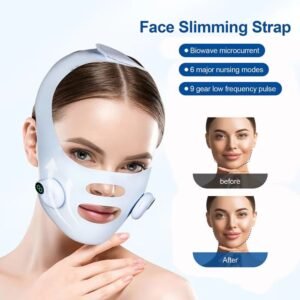 Facial EMS lifting massager with adjustable V-line slimming strap for jawline and double-chin reduction