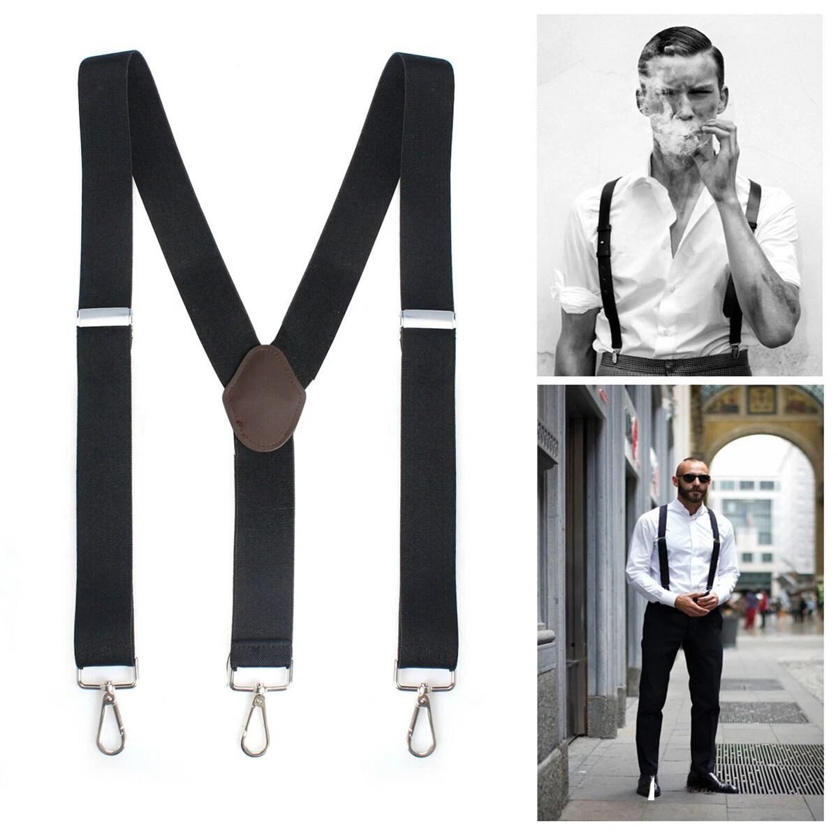 Men’s heavy duty work suspenders with metal belt hooks