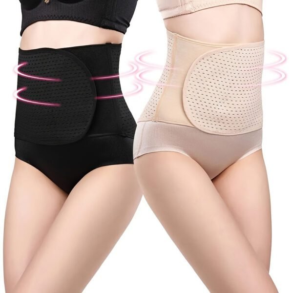 black polyester abdominal shaping belt with breathable lumbar support and adjustable straps