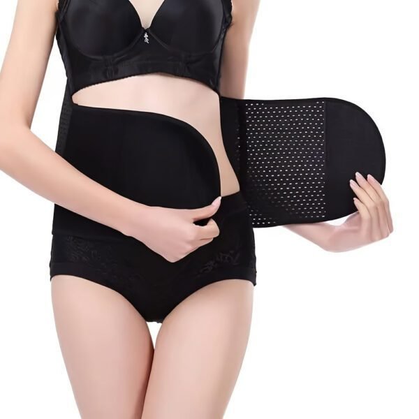 black polyester abdominal shaping belt with breathable lumbar support and adjustable straps