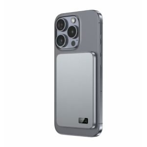 Slim magnetic wireless power bank charger compatible with MagSafe and Qi smartphones