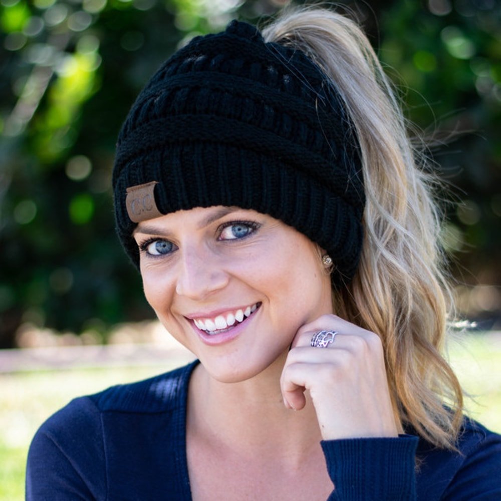 Soft knit ponytail beanie with ponytail hole – warm winter hat