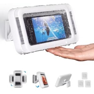 Waterproof shower phone holder with built-in speaker and 480 degree rotation for smartphone protection in bathroom