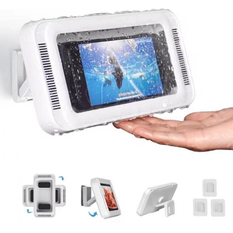 Waterproof shower phone holder with built-in speaker and 480 degree rotation for smartphone protection in bathroom