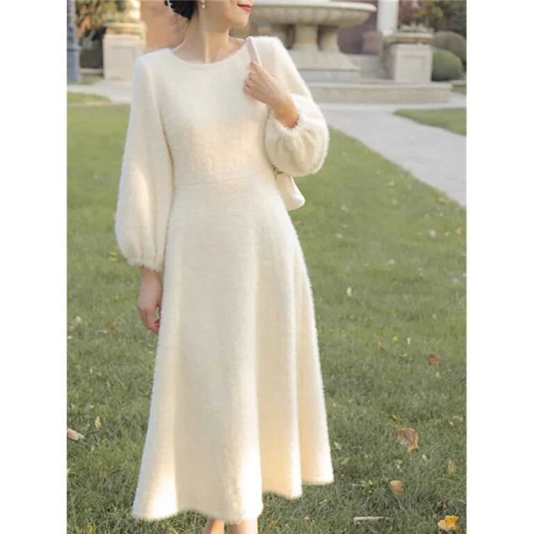 french fairy plush long white sweater dress for women