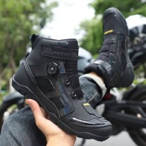 men’s leather motorcycle boots with anti-slip wear resistant sole and ankle support