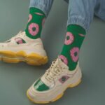 green socks with donut food pattern unisex fun novelty design