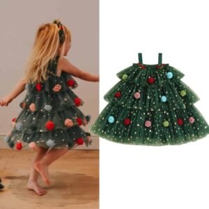 star lace layered tulle girls dress with plush ball accents festive holiday outfit
