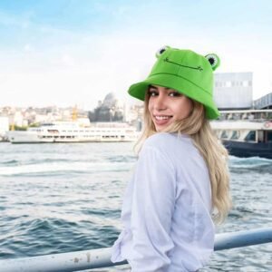 cute green frog bucket hat with breathable summer fabric and sun protection