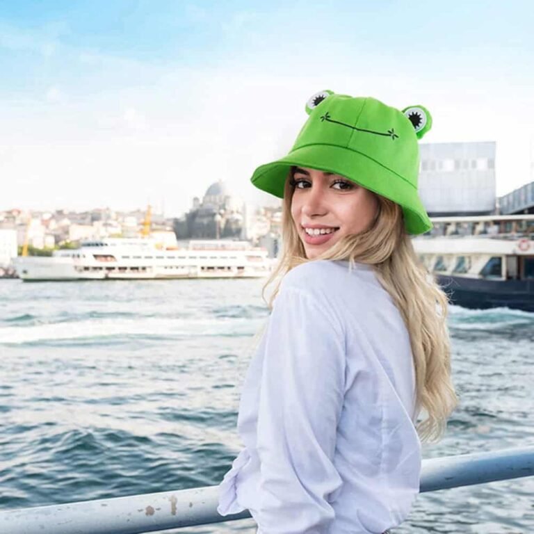 cute green frog bucket hat with breathable summer fabric and sun protection