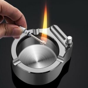 metal ashtray with built-in lighter for convenient smoking use