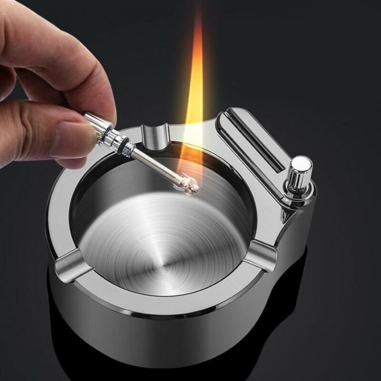 metal ashtray with built-in lighter for convenient smoking use