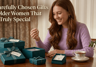 Elegant gift items arranged on a table, representing carefully chosen thoughtful presents for older women that feel meaningful and special.